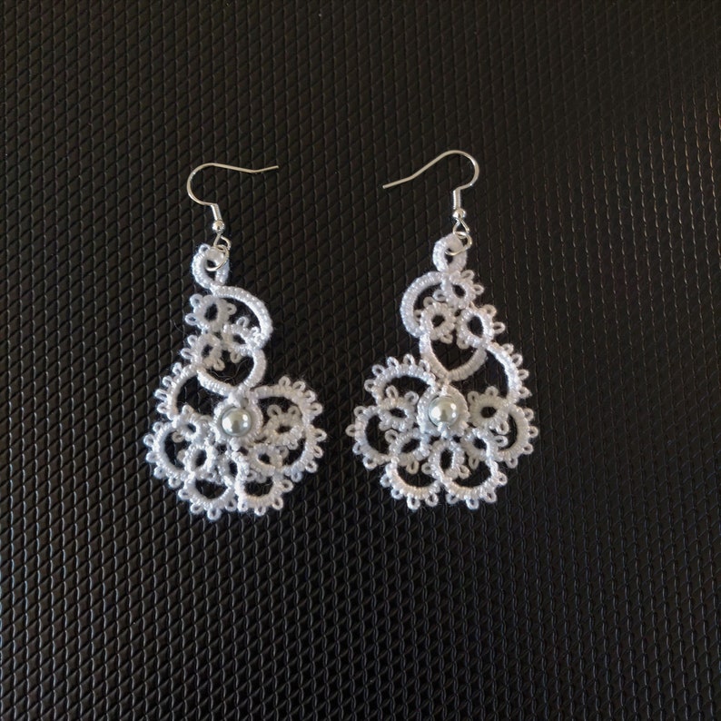 Tatted Earrings Lace Earrings 100% Cotton White Beads image 1