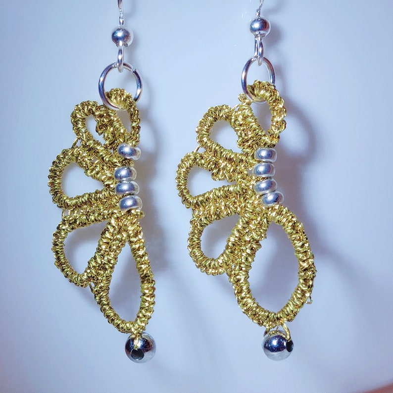 Tatted Earrings Lace Earrings Metallic Gold Metal Beads image 1