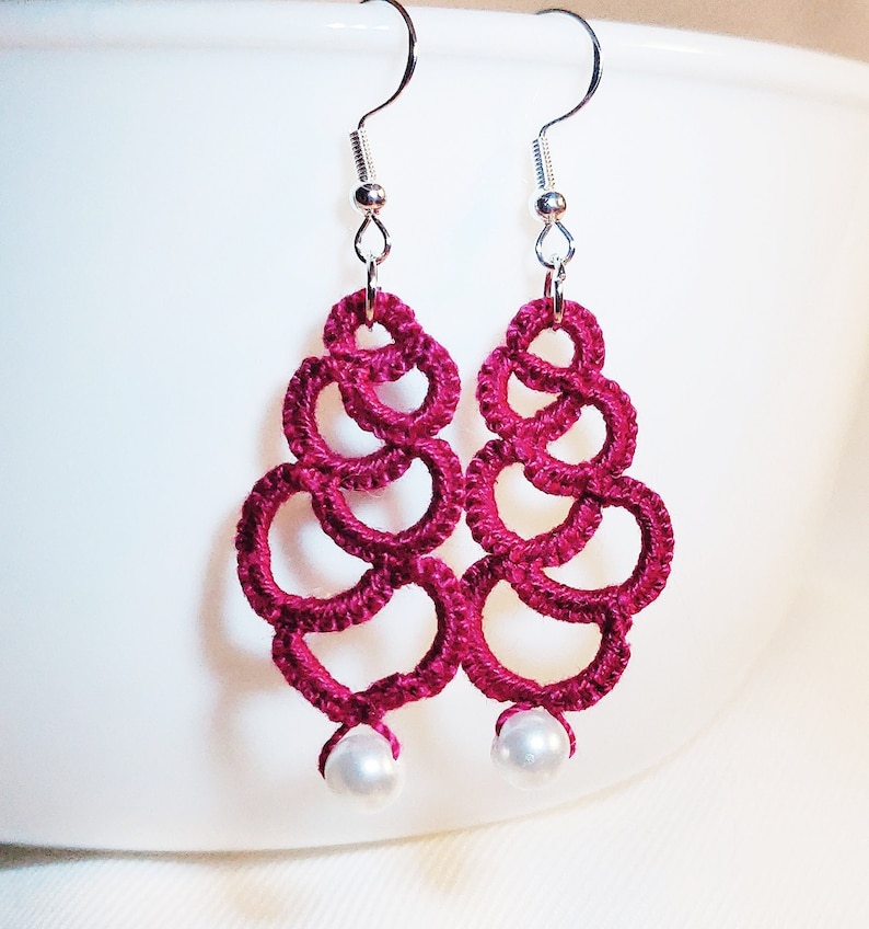 Tatted Earrings Lace Earrings Maroon Color 100% Cotton image 1