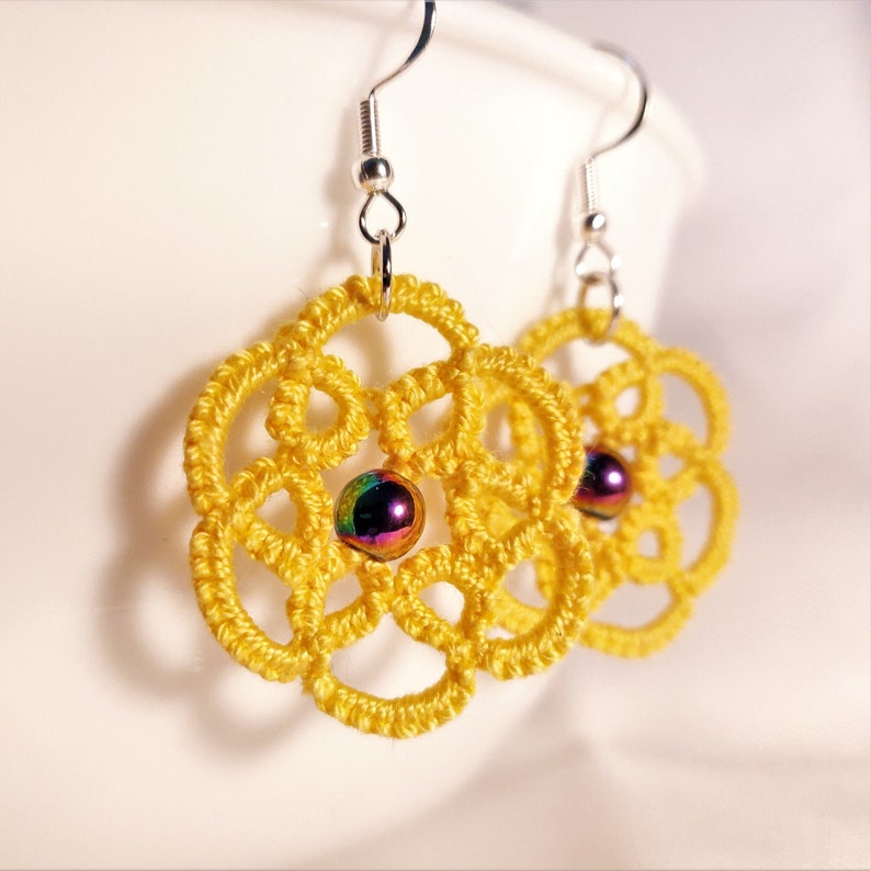 Tatted Earrings Lace Earrings 100% Cotton Yellow Handmade image 1