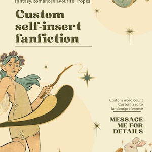 Puede incluir: Ilustración para fanfiction personalizada, con una figura de elfo y una varita. La imagen tiene un tema de fantasía, con texto que dice "Fantasy/Romance/Favourite Tropes" y "Custom self-insert fanfiction."