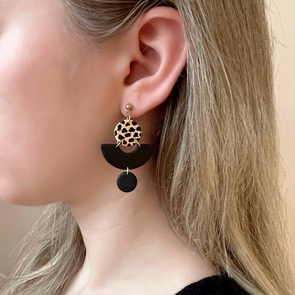 Black arch statement clay earrings, unique geometric dangle earrings, cool aesthetic handmade earrings, trendy fashion jewelry, gift for her