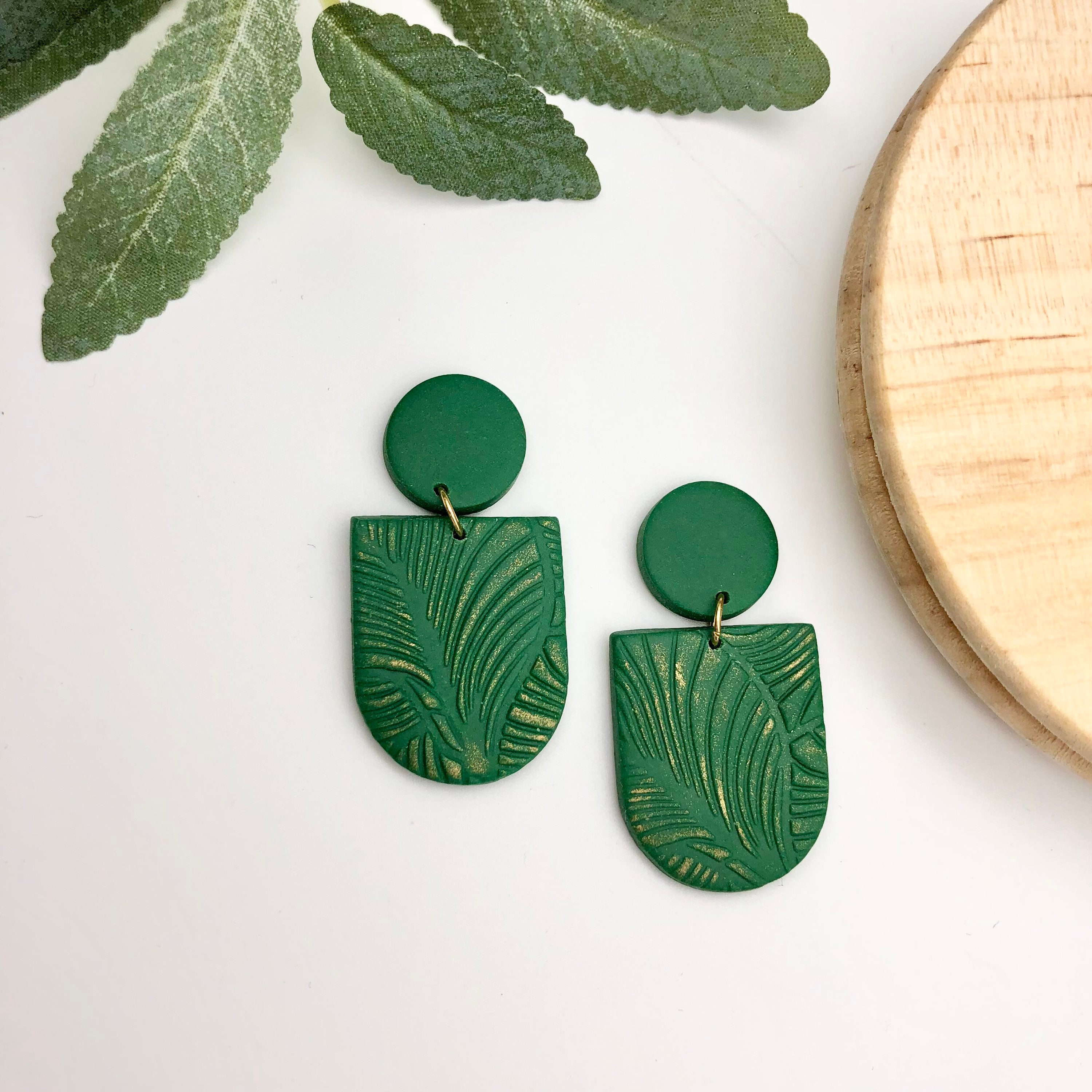 Green leaf polymer clay earrings Art deco dangle earrings Etsy