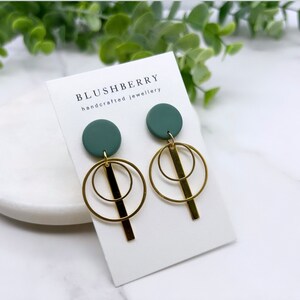 Green polymer clay aesthetic earrings, gold hoop earrings, long statement earrings, homemade cool geometric earrings, trendy jewellery gift