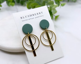 Green polymer clay aesthetic earrings, gold hoop earrings, long statement earrings, homemade cool geometric earrings, trendy jewellery gift