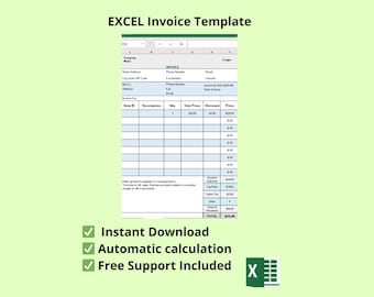Simple Editable EXCEL Invoice Template | Professional Custom Invoice | Printable Download | Freelance Billing Sheet