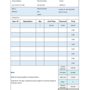 Simple Editable EXCEL Invoice Template _ Professional Custom Invoice_Printable Download