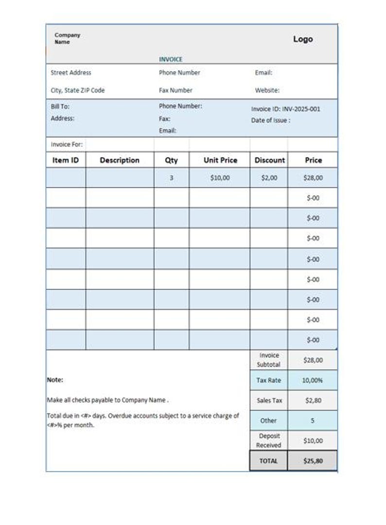 Simple Editable EXCEL Invoice Template | Professional Custom Invoice ...