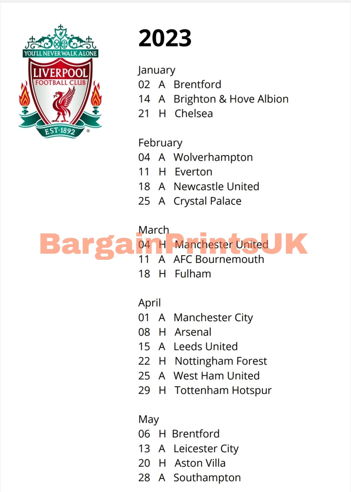 Liverpool Premier League Fixtures 20222023 UK Football Etsy