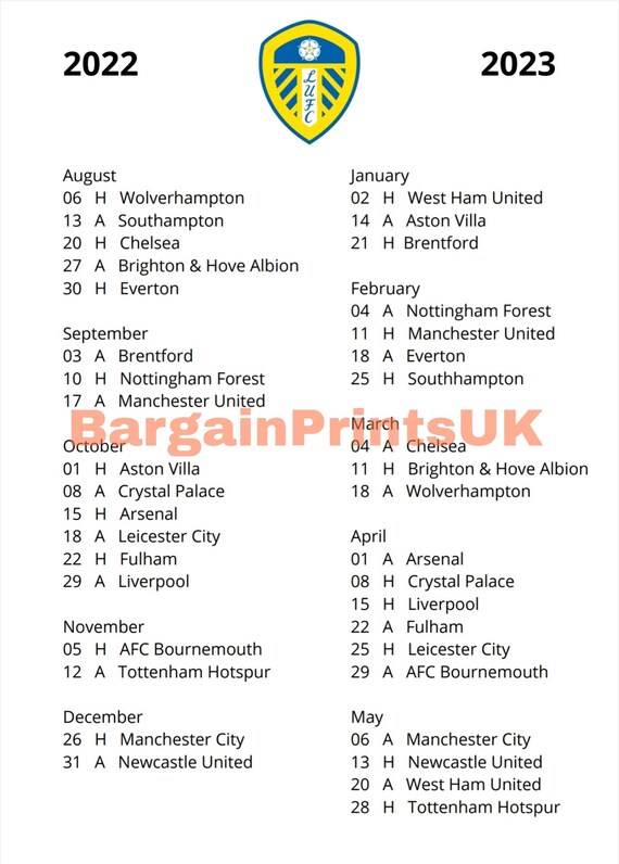 Leeds United Premier League Fixtures 20222023 UK Football Etsy