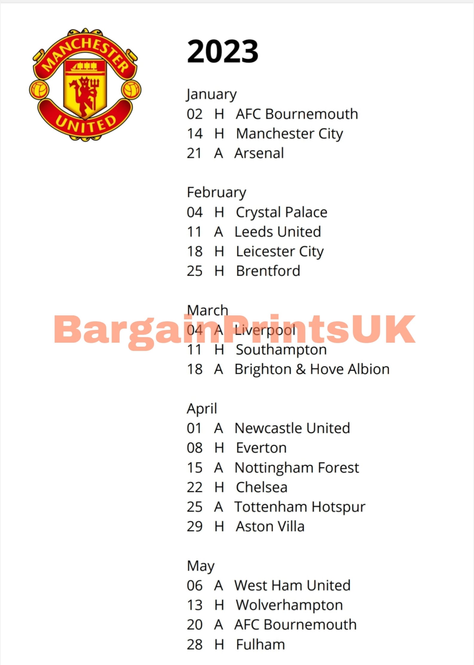 Manchester United Premier League Fixtures 2022 2023 Uk Etsy