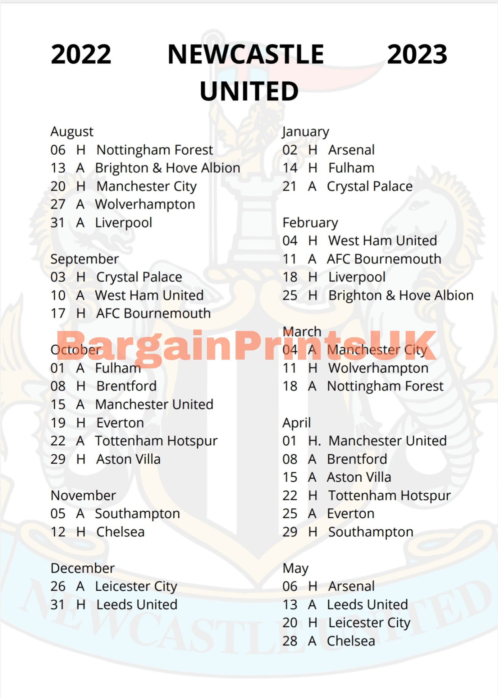 Newcastle United Premier League Fixtures 20222023 UK Football Etsy UK
