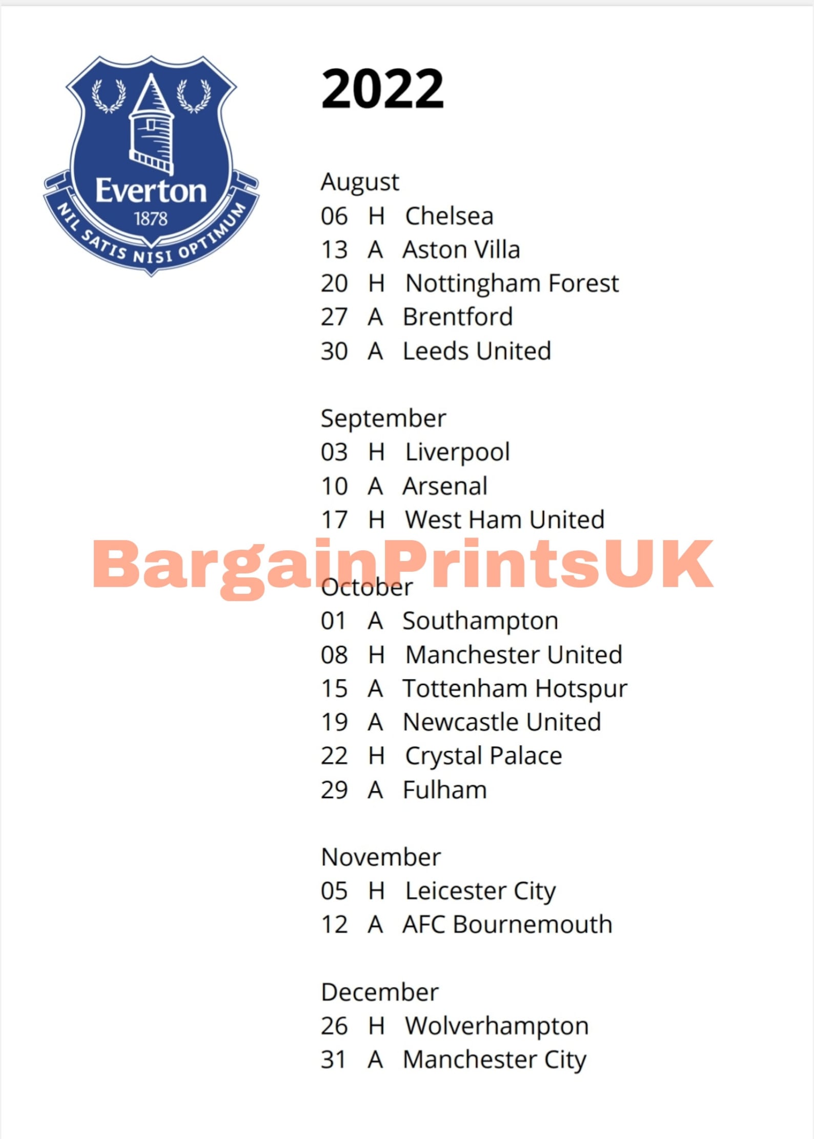 Everton Premier League Fixtures 20222023 UK Football Etsy