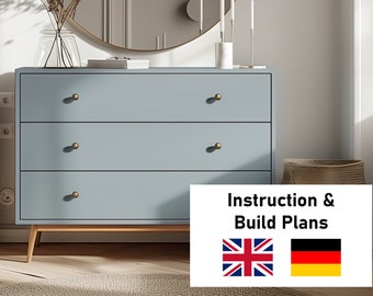 Modern light blue dresser with 3 drawers DIY PDF step by step construction plan and detailed cutting list, matt light blue, wood