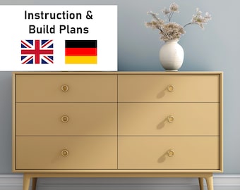 Retro yellow dresser with 6 drawers DIY PDF step by step construction plan and detailed cutting list, mid century design