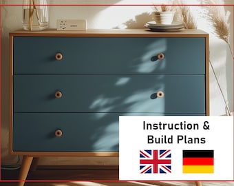 Modern blue dresser with 3 drawers DIY PDF step by step construction plan and detailed cutting list, modern matt blue, wood