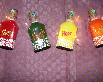 Handmade Decorative Bottles Set, Wine Lovers Gift, wine bottle decorations, HandPainted bottle Art, Table Decor, Hand painted Bottle Vase