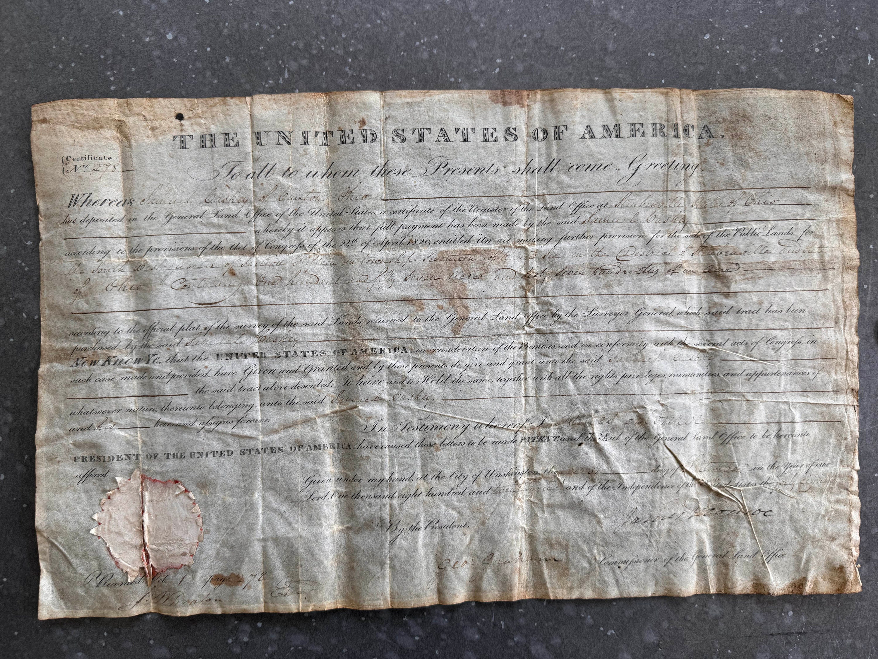 1823 Land Grant Document Signed by James Monroe Historical Ohio Deed Etsy