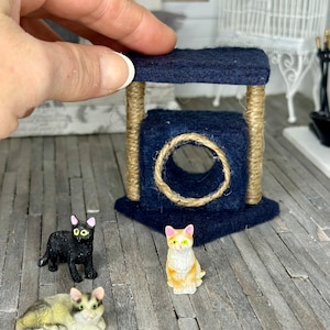 Miniature dollhouse Navy Blue cat house, condo, cat tree, miniature pet accessory