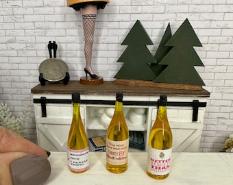 Miniature dollhouse funny Christmas wine bottles, Gold bottles, miniature drinks