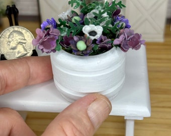 Miniature dollhouse purple and white flower arrangement, miniature potted flowers