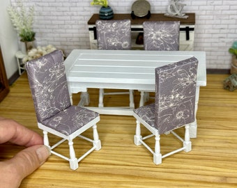 Miniature dollhouse dining room table set, set of 5, including table and 4 chairs