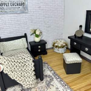 Miniature dollhouse bedroom set, twin bed, blanket, nightstand, vanity, mirror, stool, dollhouse bedding, charcoal/white