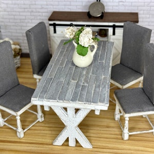 Miniature dollhouse farmhouse style dining table set of 5 pieces, mini farmhouse furniture for dollhouse, gray fabric chairs