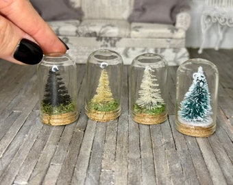 Miniature dollhouse glass cloche with evergree trees, Christmas tree, mini bell jar decor