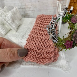 Miniature Pink Rose knitted blanket, dollhouse accessory, miniature blanket or throw, bamboo