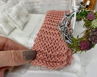 Miniature Pink Rose knitted blanket, dollhouse accessory, miniature blanket or throw, bamboo