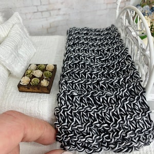 Miniature hand knitted blanket or throw for dollhouse, Onyx Twist, dollhouse bedding