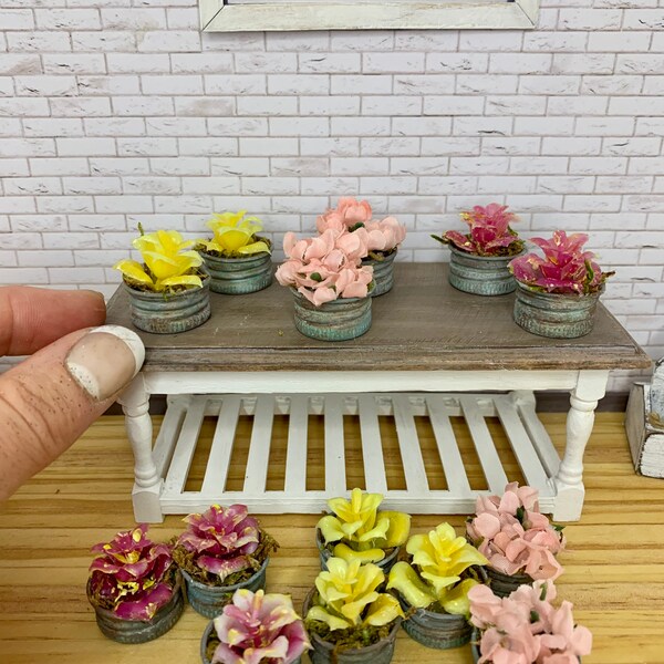 Miniature Patina aged potted flowers or plants for dollhouse decoration