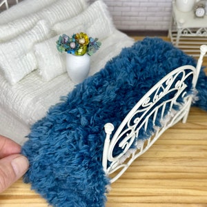 Miniature dollhouse Peacock blue knitted plush blanket, miniature bedding accessory