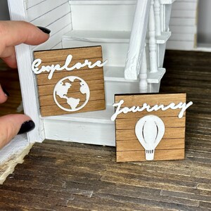 Miniature dollhouse signs, Explore or Journey planked signs, mini home decor, dollhouse decor