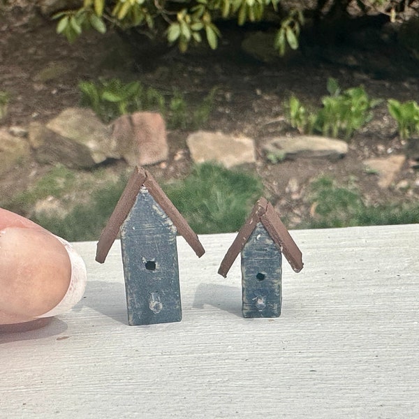 Miniature dollhouse aged birdhouses, Blue and Walnut, mini birdhouses, farmhouse miniature