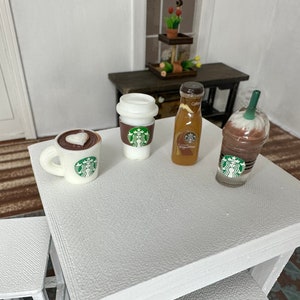 Miniature dollhouse coffee in various cups or bottles