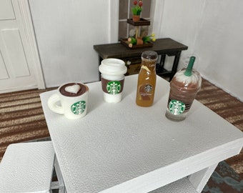 Miniature dollhouse coffee in various cups or bottles