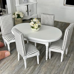 Miniature dollhouse dining table set, dollhouse furniture, miniature table and chairs, Blue and White Ticking
