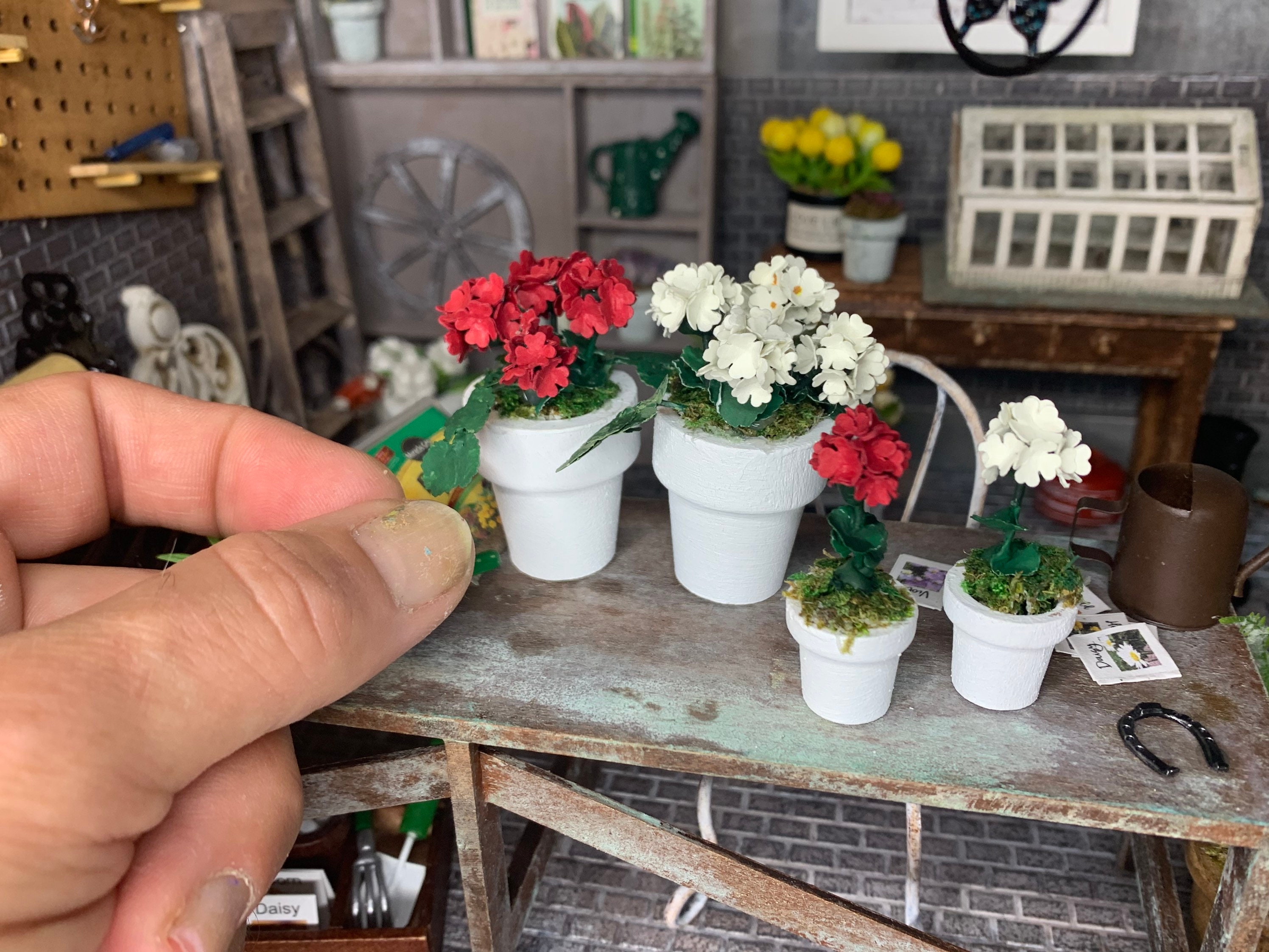 Dollhouse Red Roses in a Blue and White Ceramic Pot 1:12 Scale