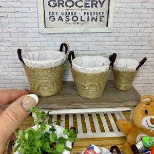 Dollhouse Miniature rope baskets, scale 1:12, miniature laundry, miniature planter, white and jute, small, medium, or large