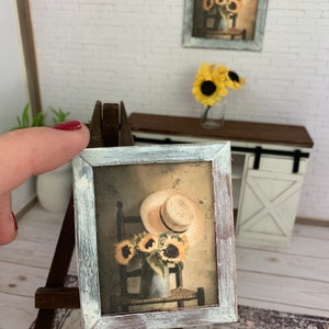 Miniature framed picture, sunflowers, mini shabby chic farmhouse, miniature accessory, 1:12