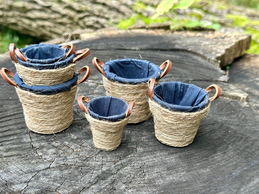 Mini Rope Basket Miniature Dollhouse Rope Baskets With Fabric, NAVY BLUE, Miniature ...