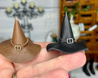 Miniature dollhouse decorative leather witch or wizard hats, fall or Halloween accessories, mini witch hats
