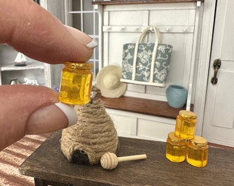 Miniature dollhouse honey jars, dollhouse food, jam, jelly, or honey jars