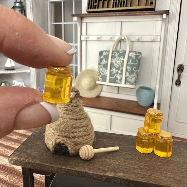 Miniature dollhouse honey jars, dollhouse food, jam, jelly, or honey jars