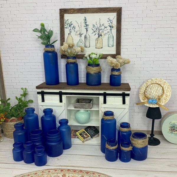 Miniature dollhouse cornflower blue sea glass jars/vases, miniature flowers