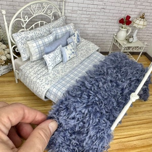 Miniature dollhouse Slate blue knitted plush blanket, dollhouse bedding accessory