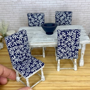 Miniature dollhouse dining table set, includes table and four chairs, Navy Blue Floral
