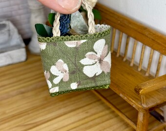 Miniature dollhouse green and beige floral bag or tote, dollhouse accessories